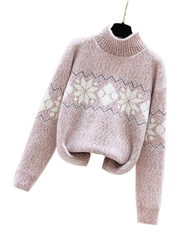 Damen Strickpullover mit hoch geschlossenem Kragen und winterlichem Muster Drune