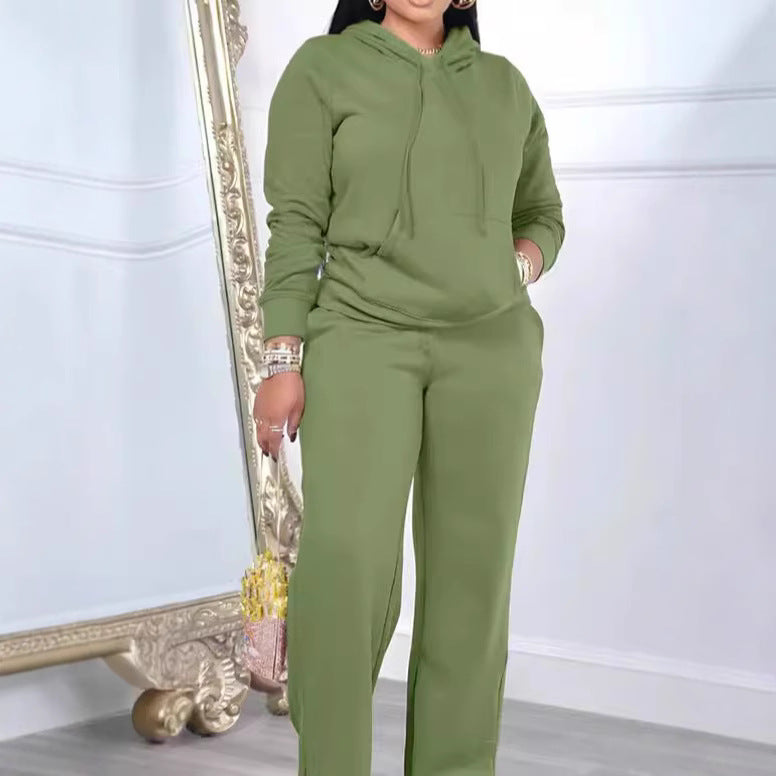 Damen nan Relax-Loungewear-Set mit weitem Highwaist-Palazzo-Jogger, Kapuzenpullover mit Kängurutasche und seitlichem Saumschlitz Drune