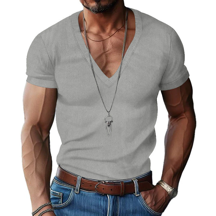 Herren nan strukturiertes V-Ausschnitt-Rippjersey-Shirt mit kurzem Arm und körpernaher Passform Drune