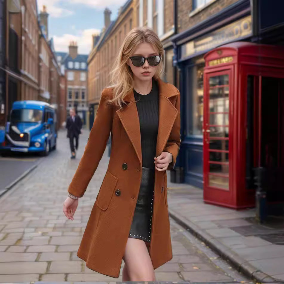 Damen eleganter Wollmantel mit doppelter Knopfleiste und praktischen Taschen Drune