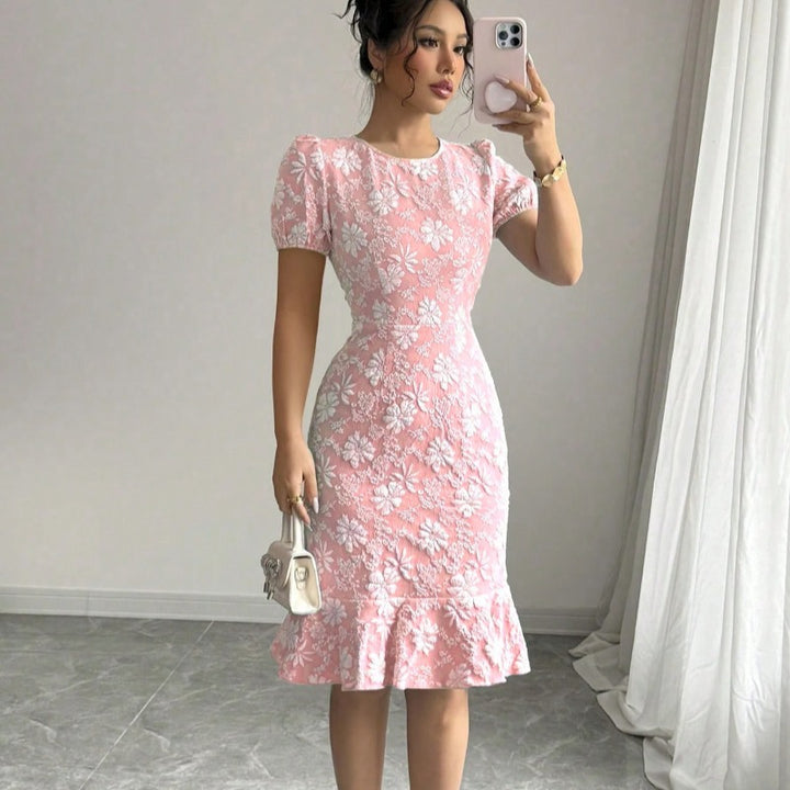 Damen elegantes Midikleid mit voluminösen Ballonärmeln und floralen Akzenten Drune