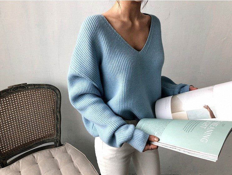 Damen kuscheliger V-Ausschnitt Pullover mit Rippstruktur Drune