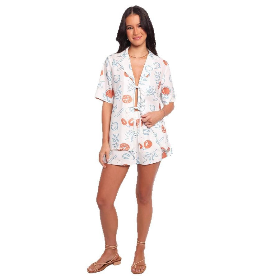 Damen lässiges Set mit kurzer Bluse und Shorts im fruchtigen Design Drune