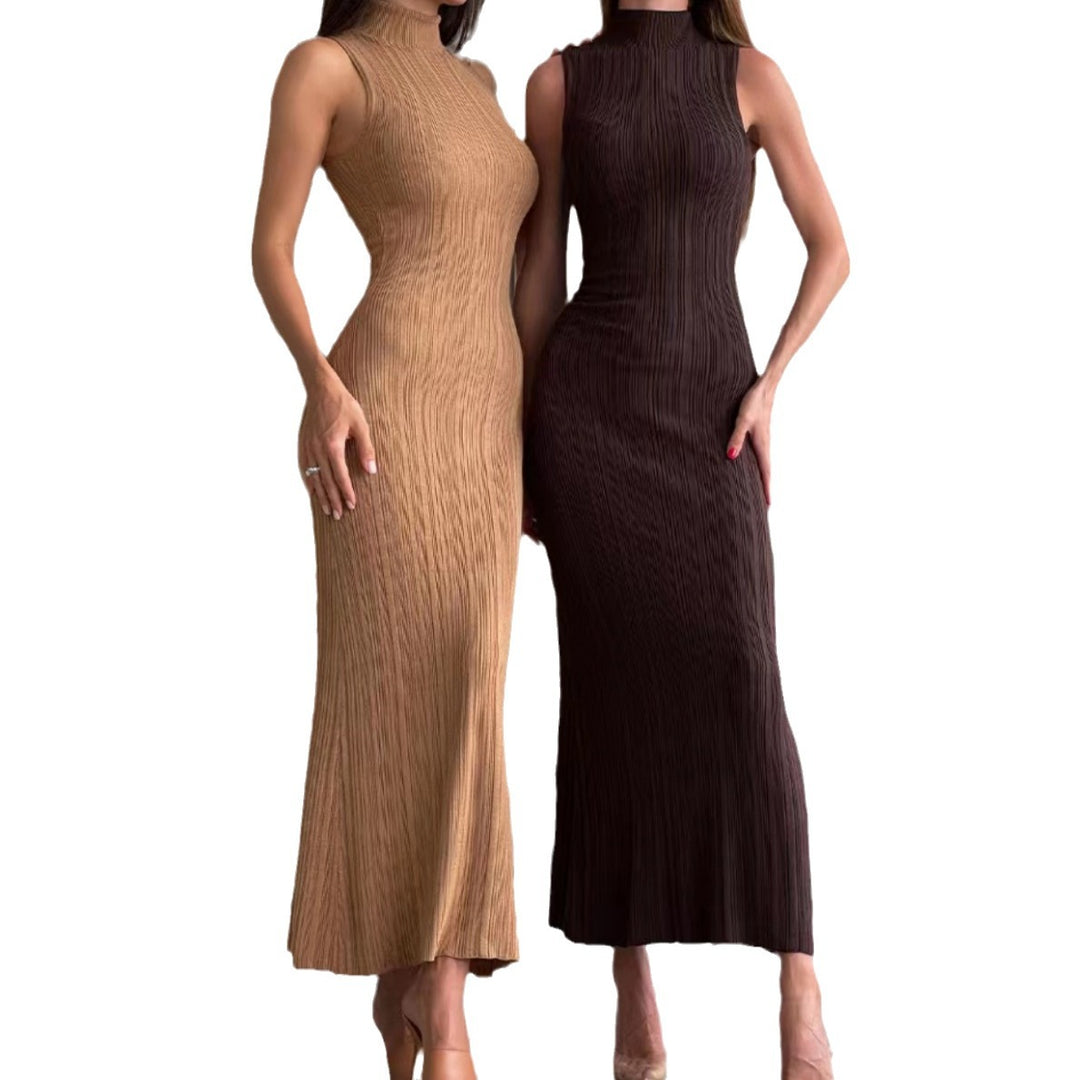 Damen figurbetontes Maxikleid mit hohem Kragen und elegantem Rippmuster Drune