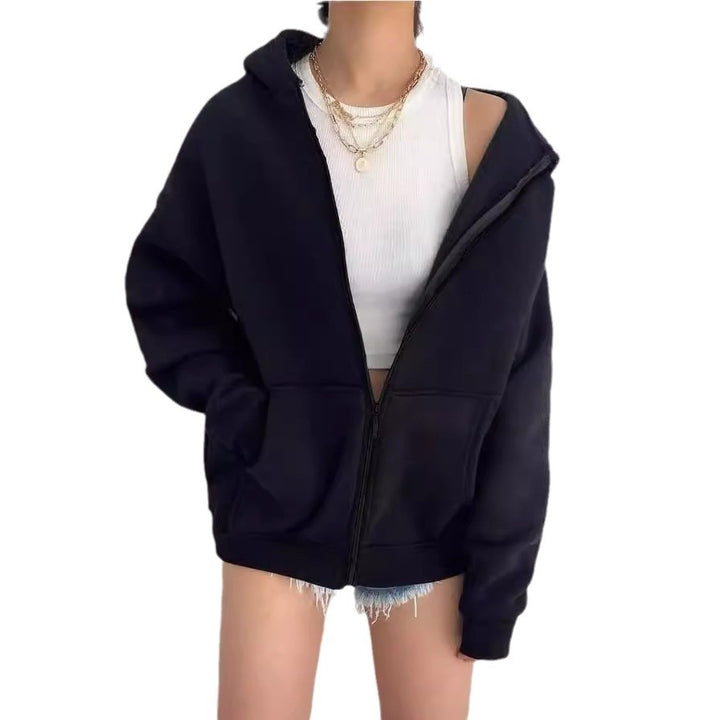 Damen nan minimalistisches French-Terry Zip-Hoodie mit durchgehendem Reißverschluss, Kängurutasche und Daumenloch-Ärmeln Drune