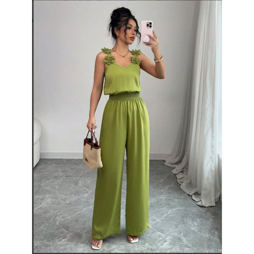 Damen Jumpsuit mit floralen Rüschen und weitem Bein Drune