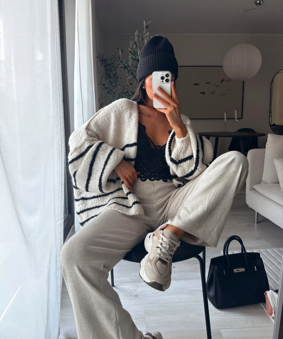 Damen Oversize Strickjacke mit gestreiftem Design und voluminösen Ärmeln Drune