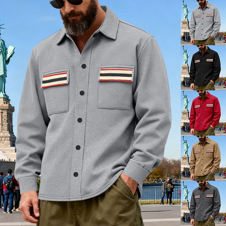 Herren nan Overshirt aus gewalktem Sweat mit aufgesetzten Brusttaschen und Retro-Streifen Drune
