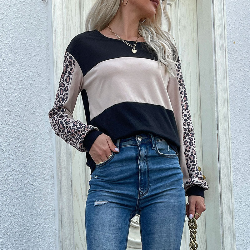 Damen gestreiftes Sweatshirt mit Leopardenärmeln und modernem Schnitt Drune