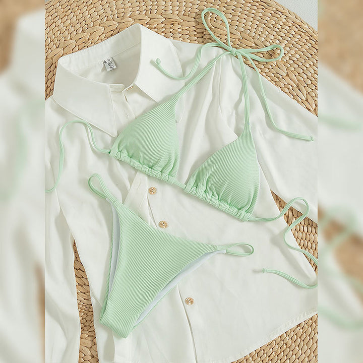 Damen Triangel-Bikini mit feinem Rippstruktur und verspielten Bindebändern Drune