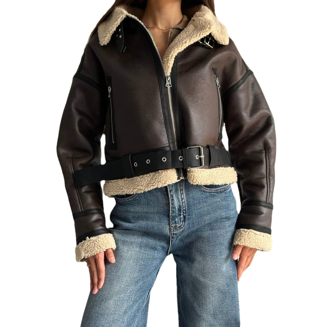 Damen Kunstlederjacke mit hochwertigem Fleece-Futter und figurformendem Gürtel Drune