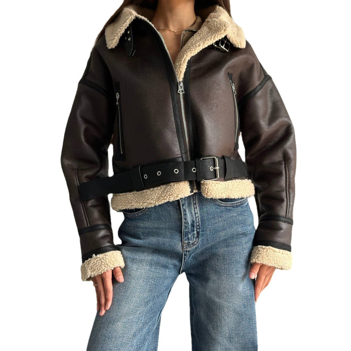 Damen Kunstlederjacke mit hochwertigem Fleece-Futter und figurformendem Gürtel Drune