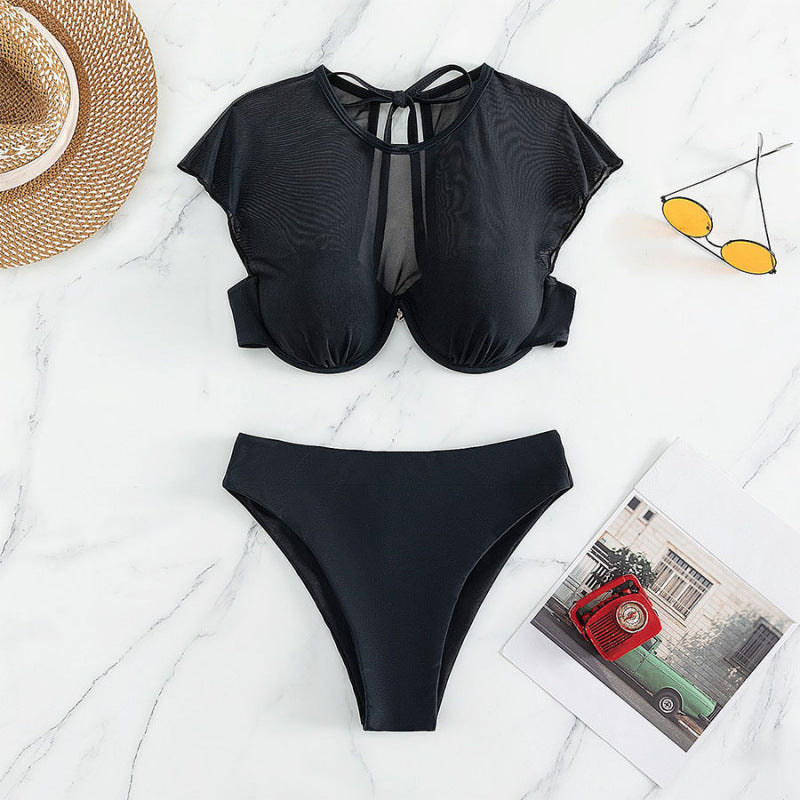 Damen Sport-Bikini-Oberteil mit transparenten Ärmeln und hochgeschnittenem Unterteil Drune