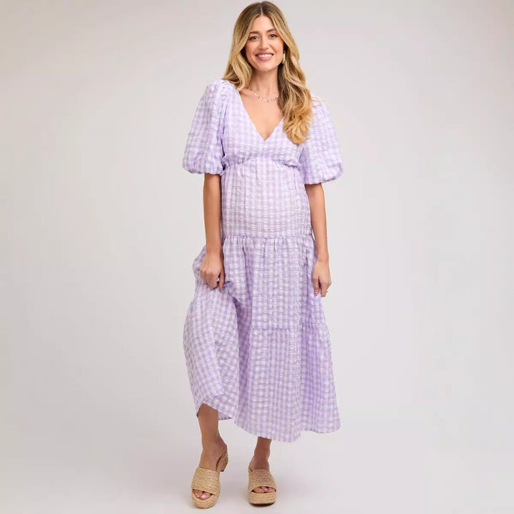 Damen Maxikleid mit voluminösen Puffärmeln und V-Ausschnitt Drune