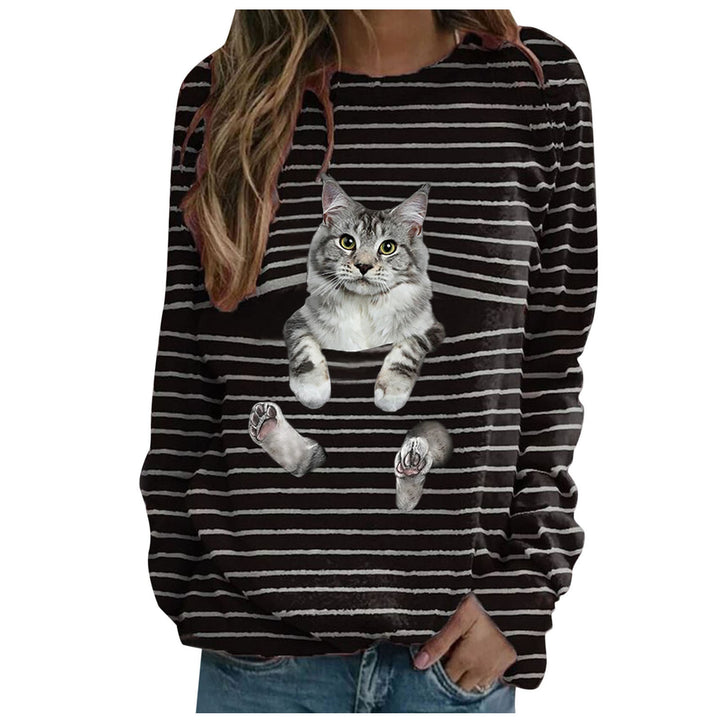 Damen nan lässiger Streifenpullover mit fotorealistischer Katzentasche und Rundhalsausschnitt Drune