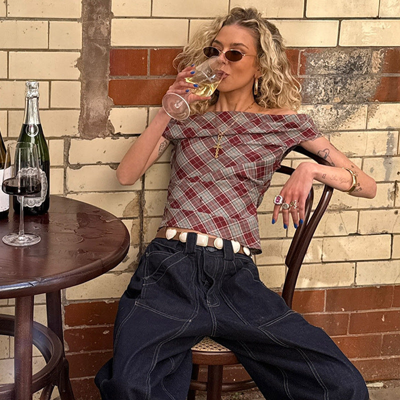 Damen Karo-Crop-Top mit lässigem Schnitt Drune