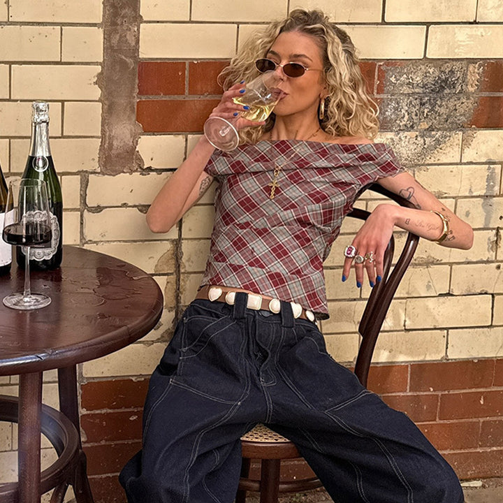 Damen Karo-Crop-Top mit lässigem Schnitt Drune