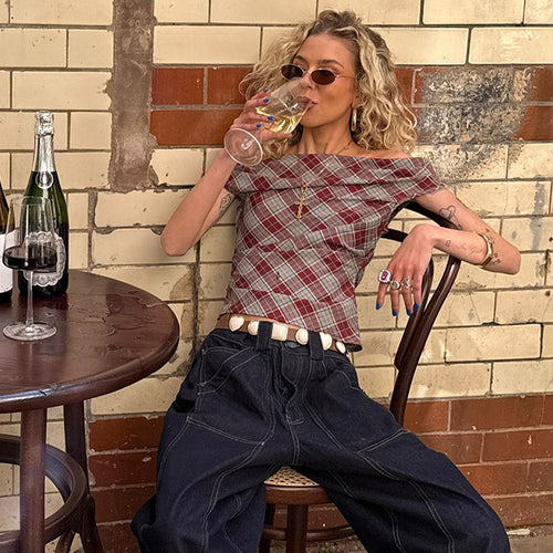 Damen Karo-Crop-Top mit lässigem Schnitt Drune