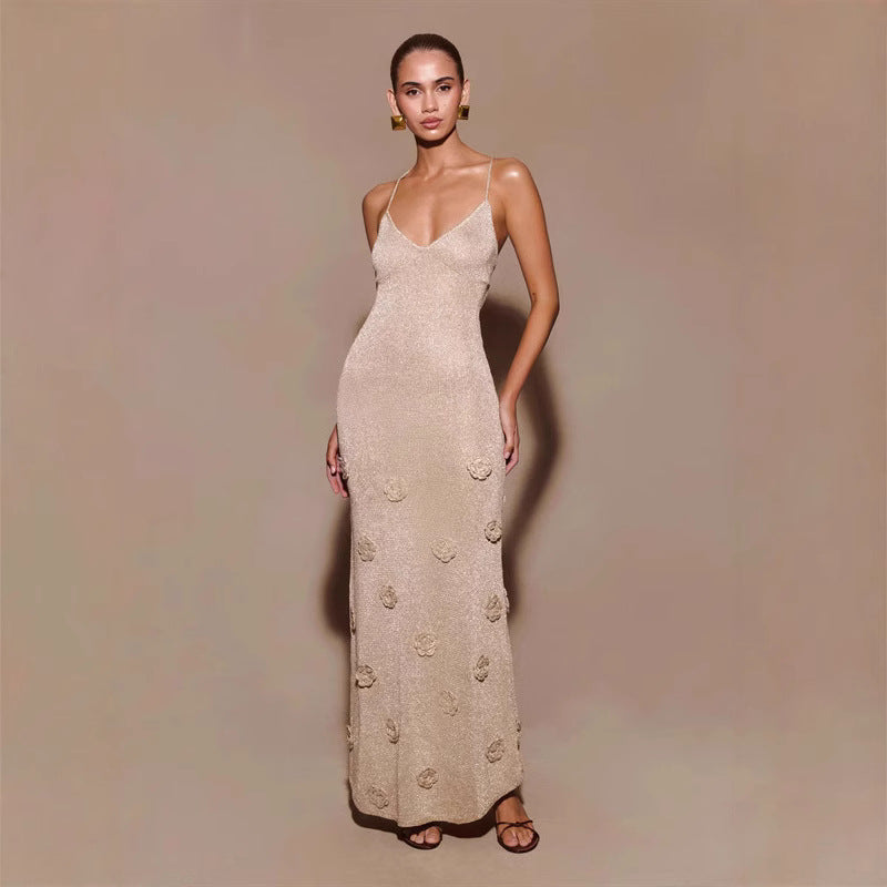 Damen Elegantes Maxikleid mit funkelnden Blütenapplikationen Drune