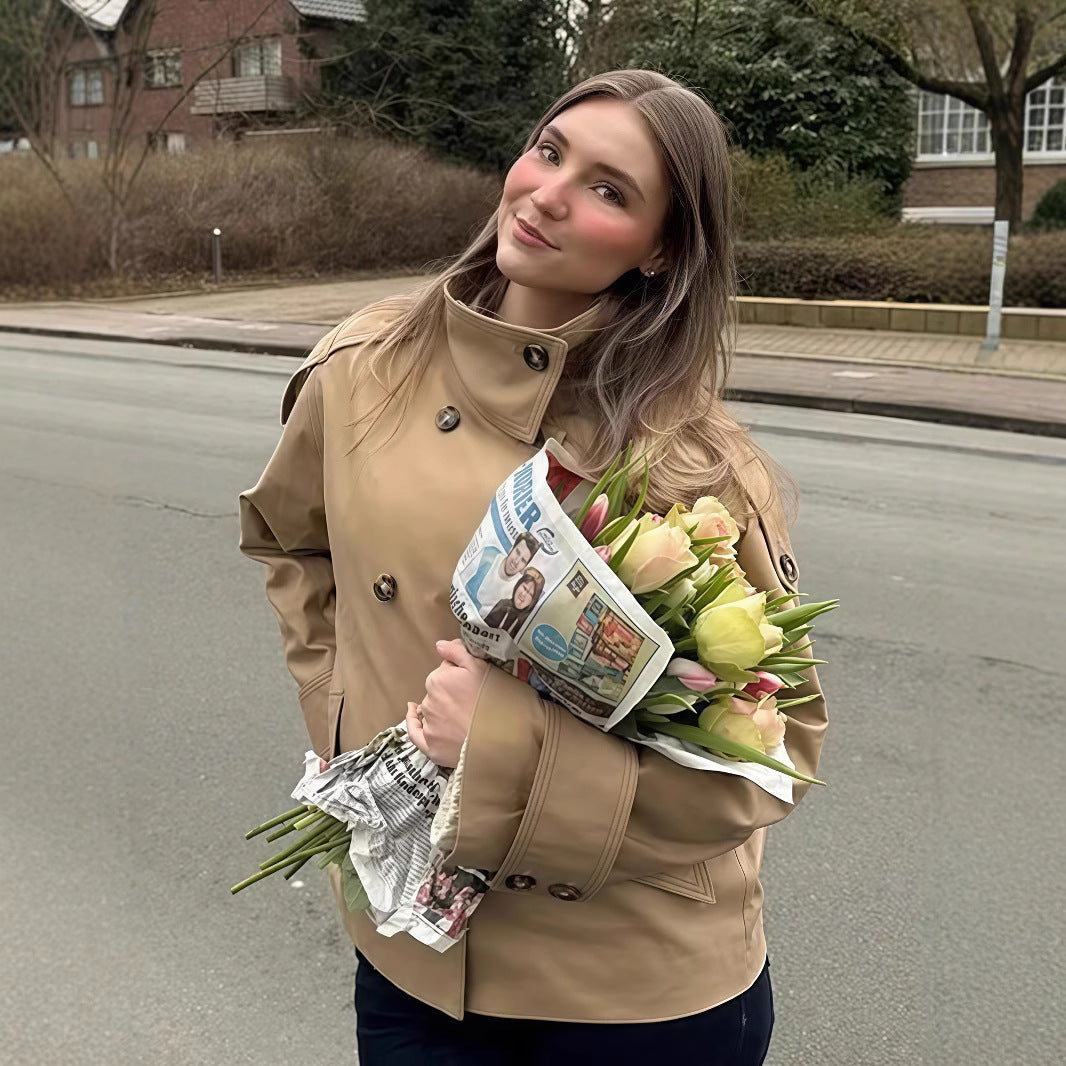 Damen modische Doppelreiher-Jacke mit hohem Kragen und strukturiertem Design Drune