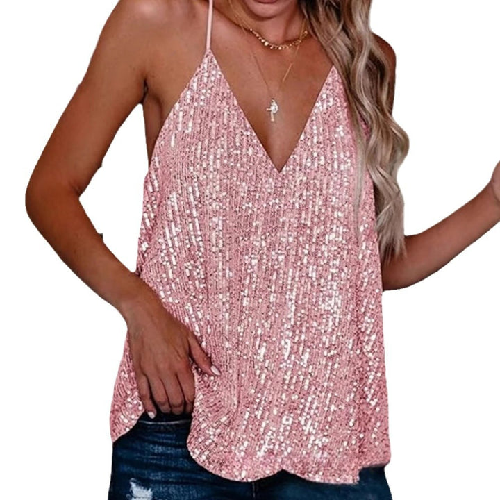 Damen Glamouröses Pailletten-Top mit tiefem V-Ausschnitt und schmalen Spaghettiträgern Drune
