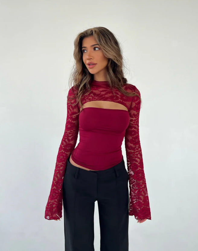 Damen Oberteil mit transparenten langen Ärmeln und raffiniertem Cut-Out Drune