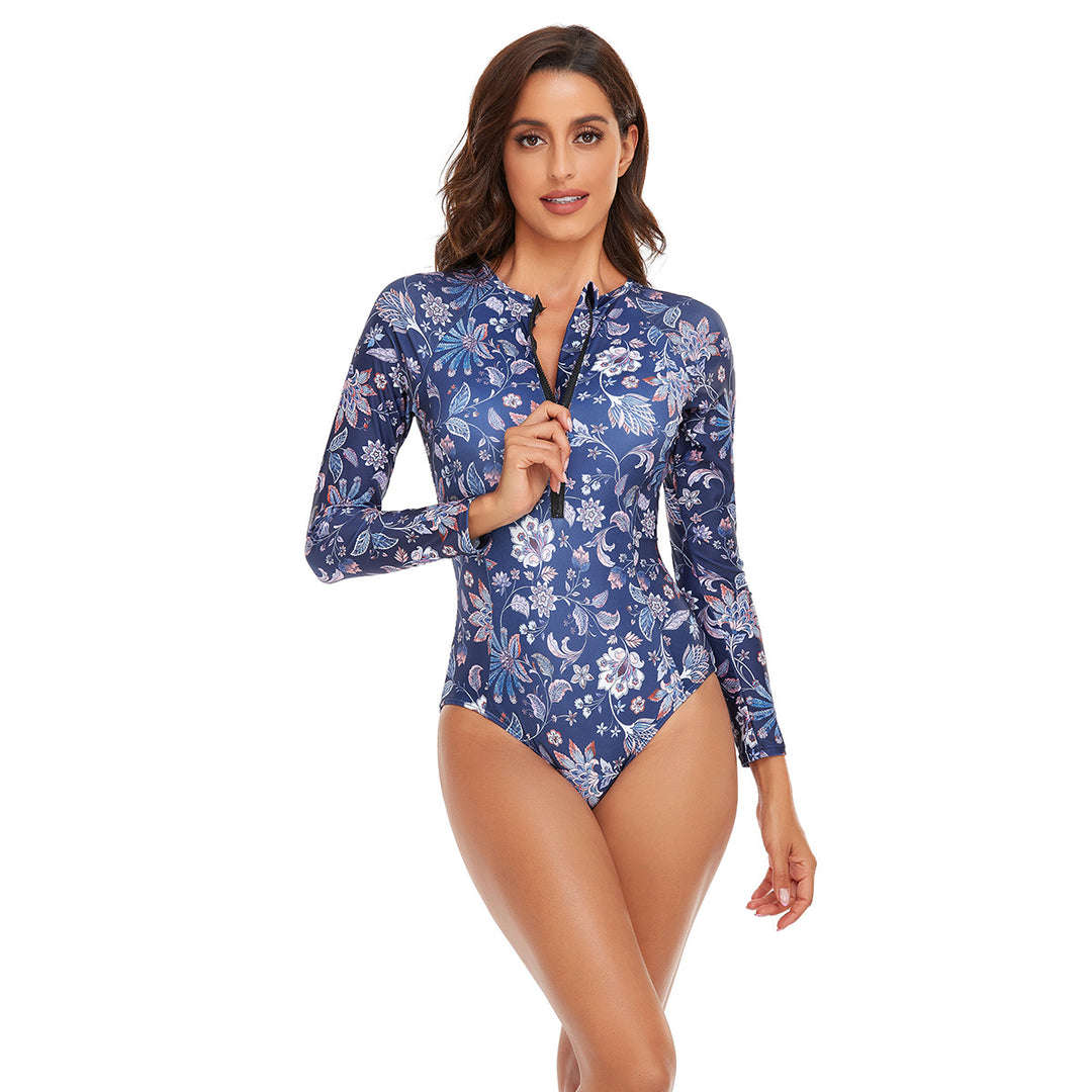 Damen Sportlicher Langarm-Badeanzug mit floralem Muster Drune