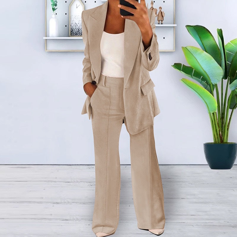 Damen nan bürotaugendes Hosenanzug Set mit weiter Hose und tailliertem Blazer Drune