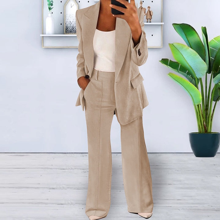 Damen nan bürotaugendes Hosenanzug Set mit weiter Hose und tailliertem Blazer Drune