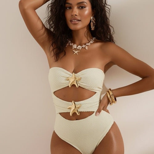 Damen Einteiler Badeanzug mit modischem Cut-Out und dekorativen Muschel-Details Drune