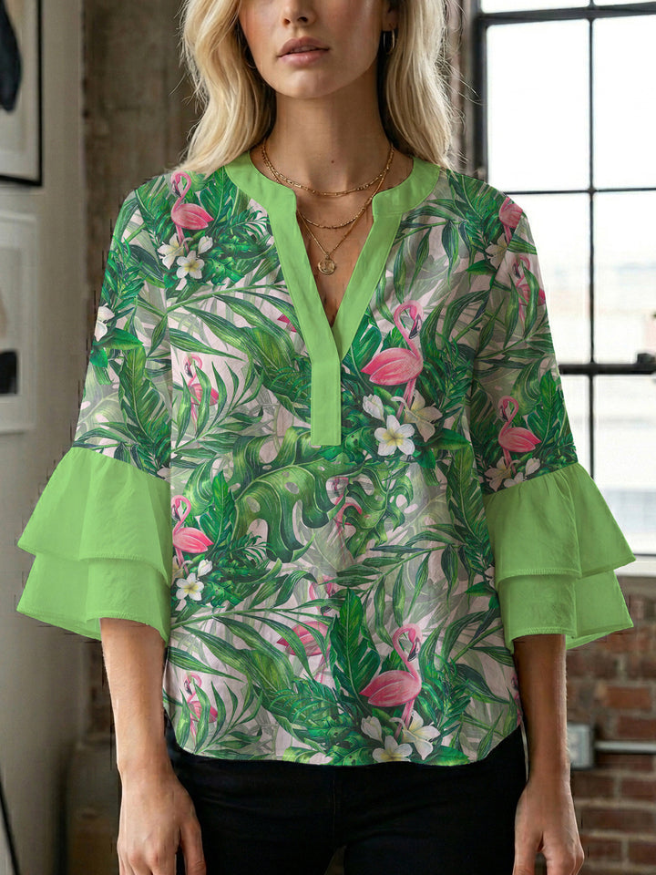 Damen Bluse mit voluminösen Rüschenärmeln und floralem Druck Drune