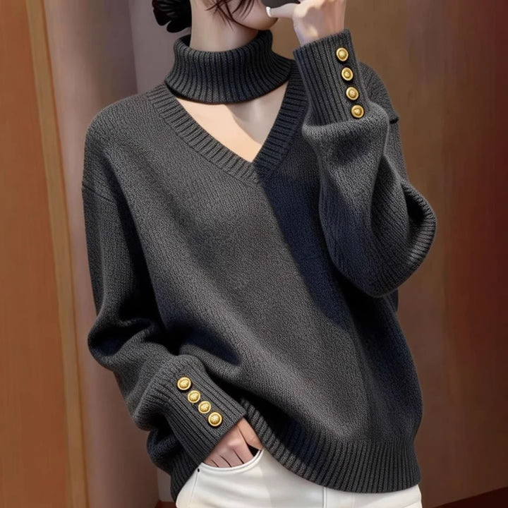 Damen Luxus Strickpullover mit Rollkragen und Knopfdetails Drune