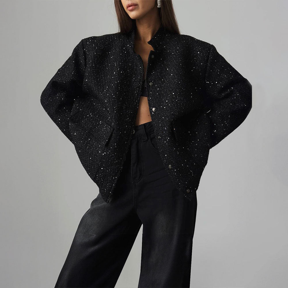 Damen Elegante Funkelnde Jacke mit Taschen und elastischem Saum Drune