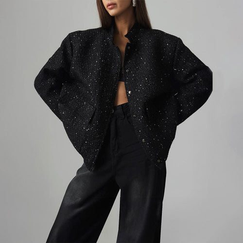Damen Elegante Funkelnde Jacke mit Taschen und elastischem Saum Drune