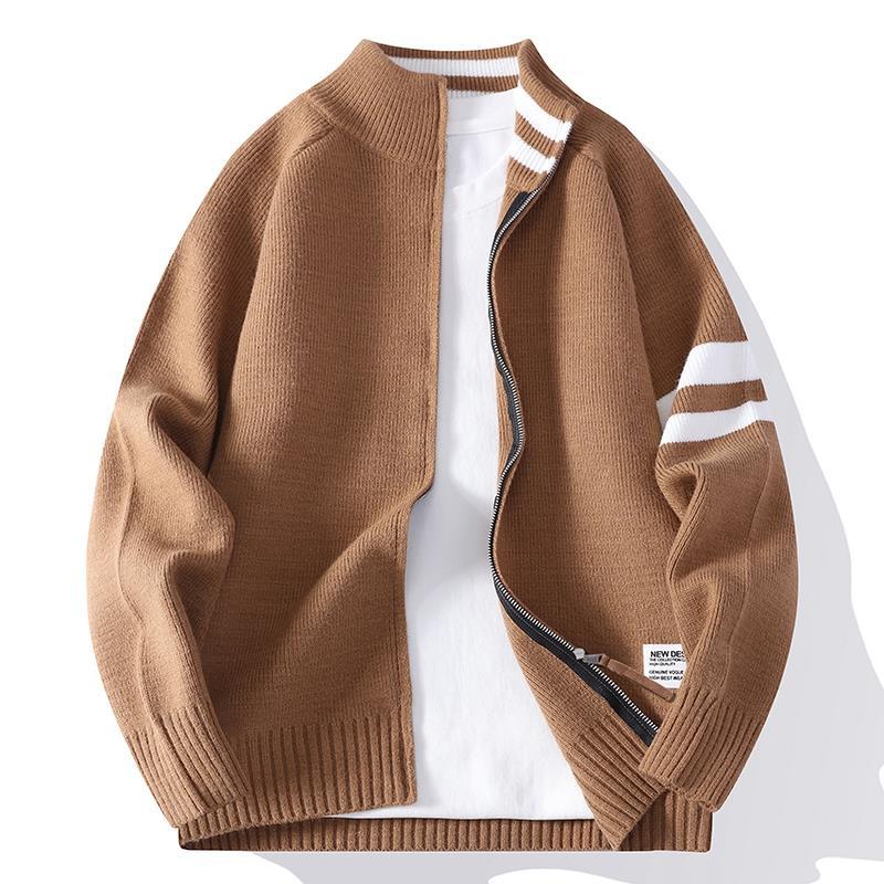 Herren nan gestrickte Zip-Cardigan im College-Stil mit gestreiftem Ärmelband und geripptem Stehkragen Drune