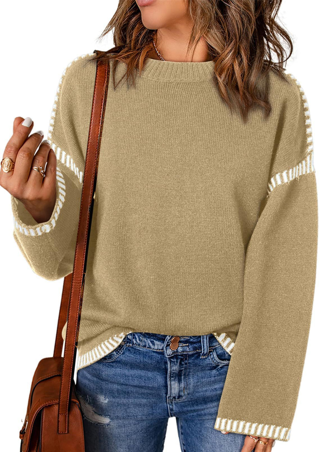 Damen lässiger Strickpullover mit kontrastierenden Bündchen und lässigem Schnitt Drune