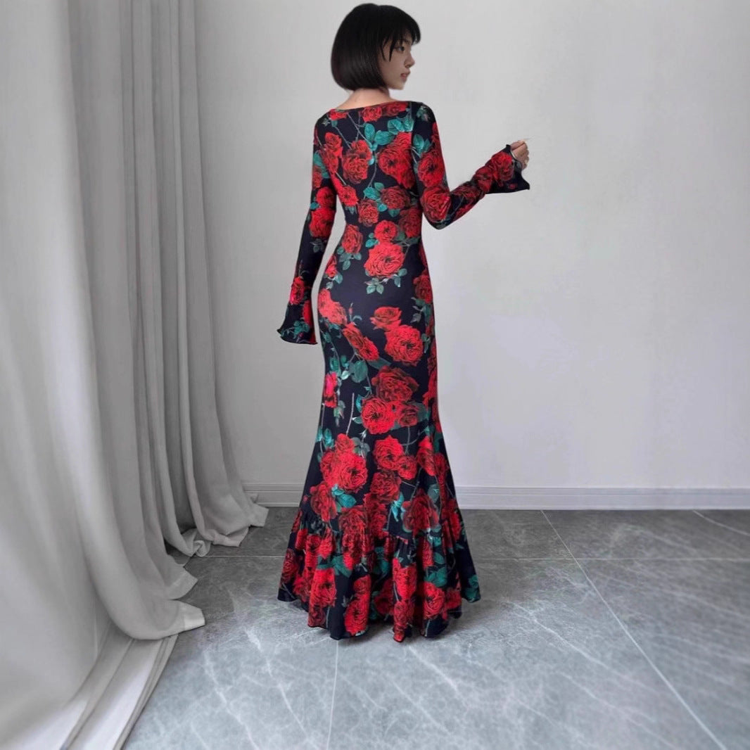 Damen nan eng anliegendes Maxikleid mit Meerjungfrauen-Schnitt, langen Glockenärmeln und Rüschensaum Drune