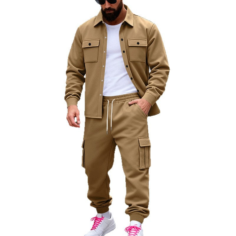 Herren nan lässiges Baumwoll-Misch Overshirt und Cargo-Jogger Set mit Kordelzug, Pattentaschen und elastischen Bündchen Drune