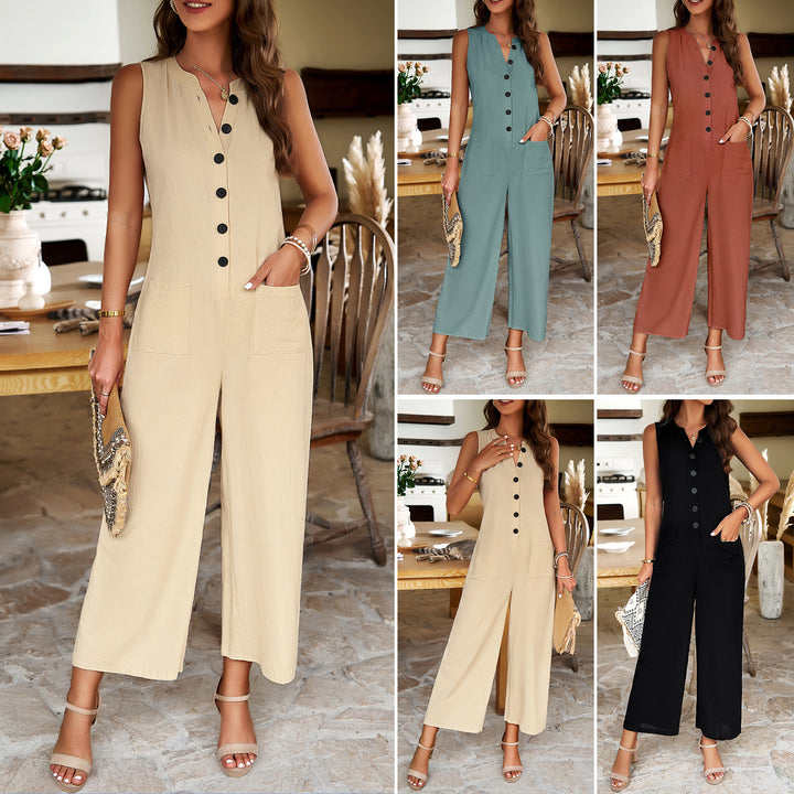 Damen lässiger Jumpsuit mit weiten Beinen und Knopfleiste Drune
