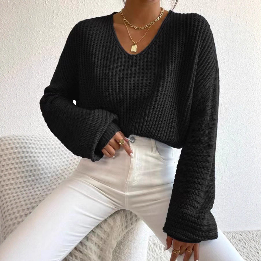 Damen Grobstrickpullover mit tiefem V-Ausschnitt und lässigen Ärmeln Drune