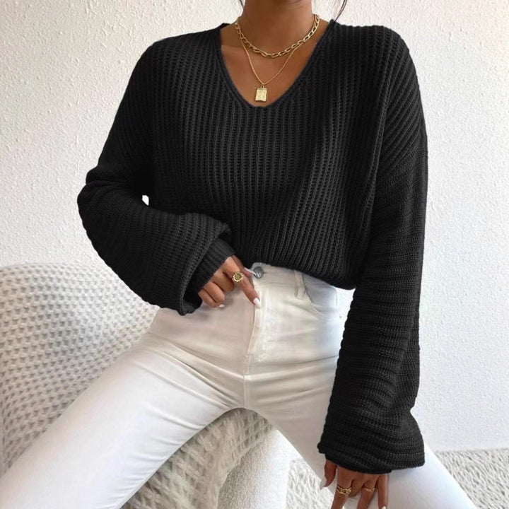 Damen Grobstrickpullover mit tiefem V-Ausschnitt und lässigen Ärmeln Drune