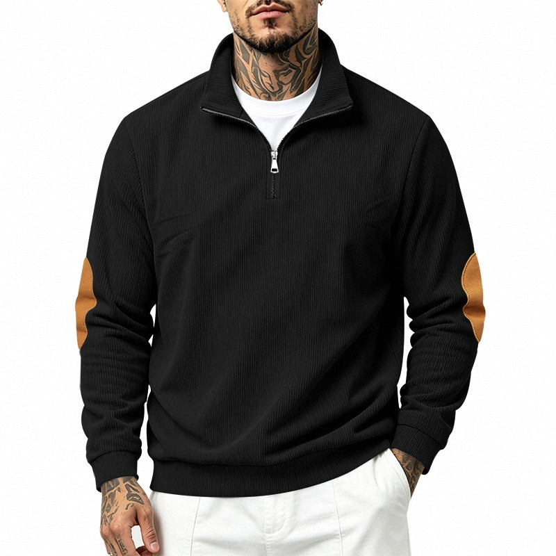 Herren nan Halbzip-Sweatshirt mit Stehkragen, feiner Waffelstruktur und Lederoptik-Ellenbogenpatchs Drune