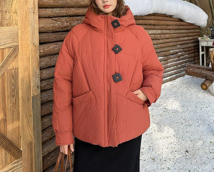 Damen Puffy Winterjacke mit Kapuze und dekorativen Knöpfen Drune
