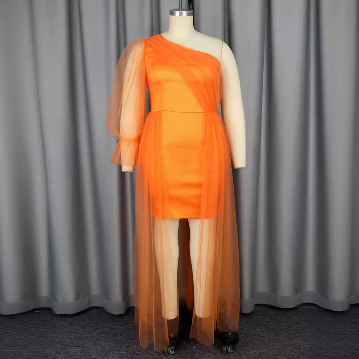 Damen elegantes One-Shoulder Kleid mit transparentem Tüllüberwurf Drune
