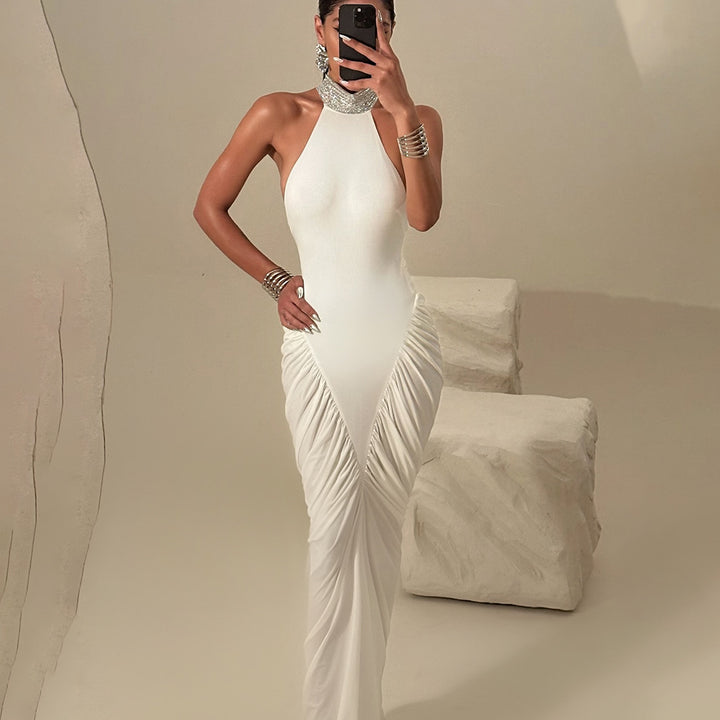 Damen Elegantes Maxikleid mit voluminösem Rüschen-Design und hohem Kragen Drune