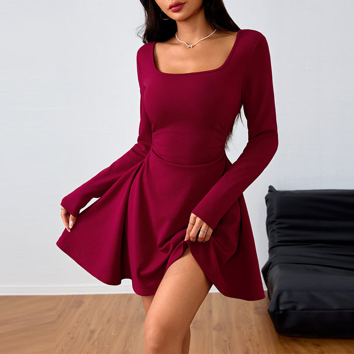 Damen Mini-Kleid mit quadratischem Ausschnitt und schwingendem Rock Drune