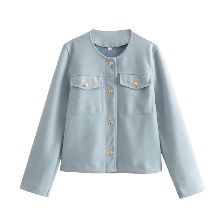 Damen elegante Modische Jacke mit zwei aufgesetzten Taschen und goldenen Knopfdetails Drune