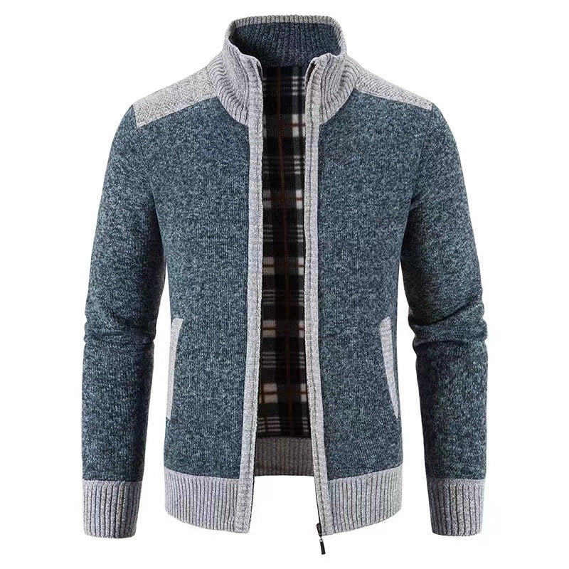 Herren nan gefütterte Reißverschluss-Strickjacke mit Stehkragen, wärmender Karofleece-Innenseite und gerippten Bündchen Drune