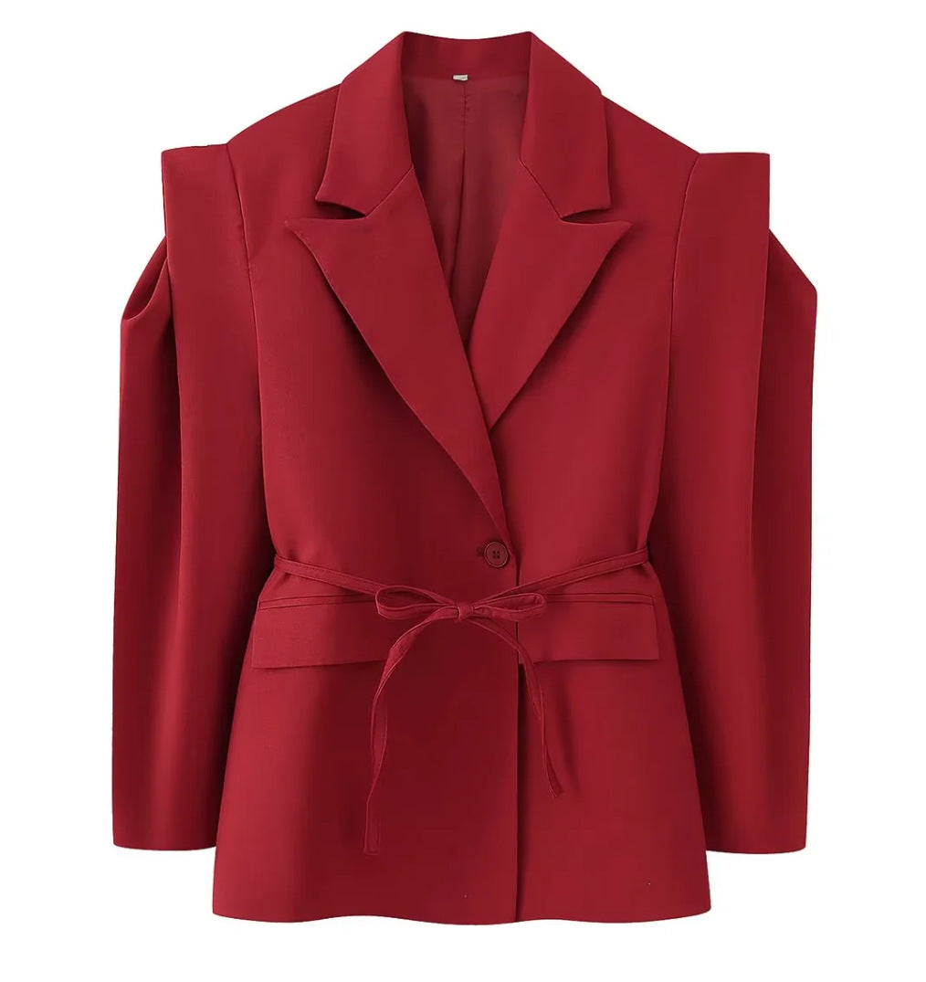 Damen nan taillierter Blazer mit Bindegürtel, Reverskragen und Schulterpolstern Drune