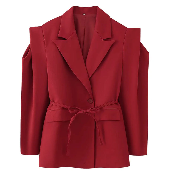 Damen nan taillierter Blazer mit Bindegürtel, Reverskragen und Schulterpolstern Drune